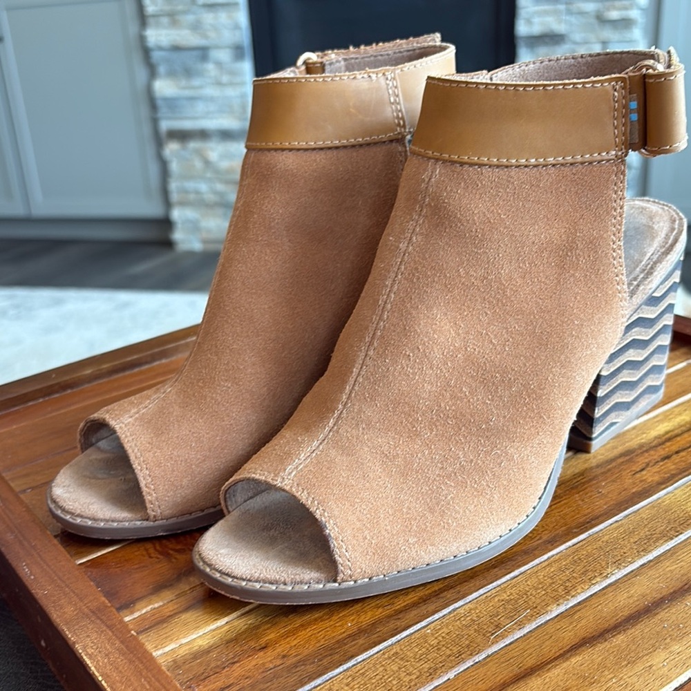 Toms Tan Suede Heeled Boots with Peep-Toe